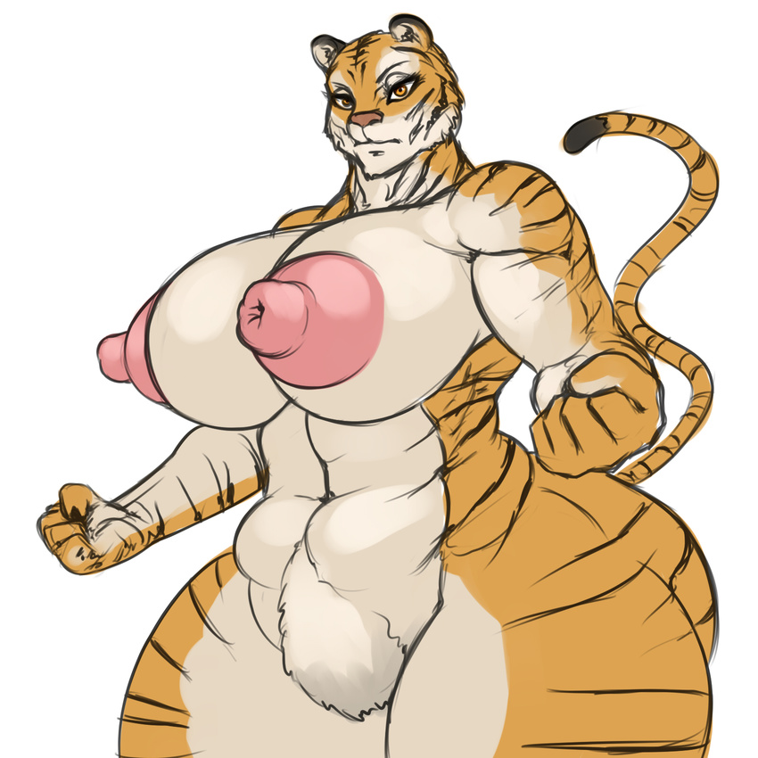 anthro big_breasts breasts erect_nipples feline female mammal muscles nipples nude plain_background pose rampage0118 solo tiger yellow_eyes