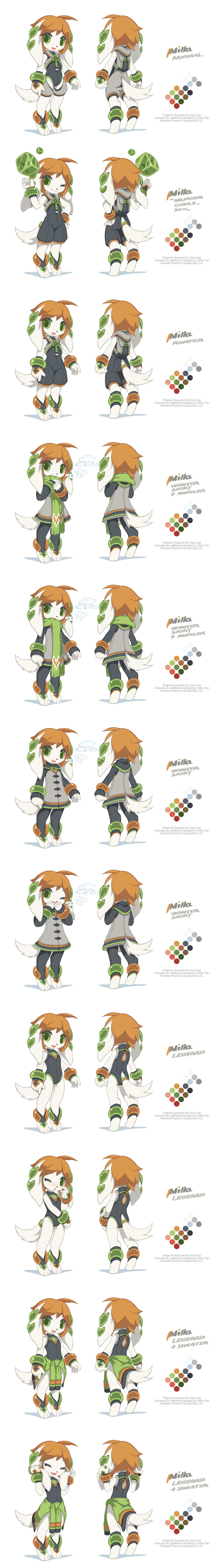 ;o absurdres adapted_costume alternate_costume anklet artist_name bracelet chestnut_mouth clothes_around_waist company_name concept_art extvia freedom_planet furry green_eyes highres jewelry long_image milla_basset one_eye_closed orange_hair scarf simple_background sweater_around_waist tail tall_image white_background