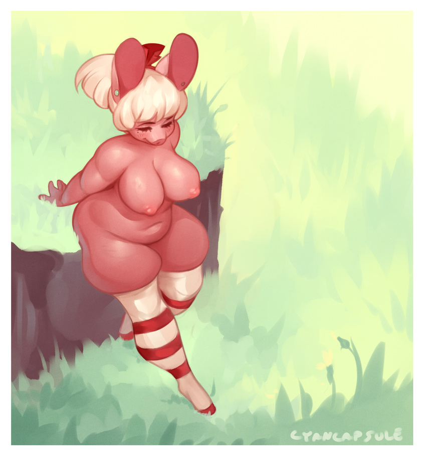 2015 anthro big_breasts blonde_hair blush bow breasts chubby clothing cyancapsule ear_piercing female grass hair legwear long_hair looking_down mammal navel nipples nude outside piercing pig pink_skin porcine smile solo stockings thick_thighs wide_hips