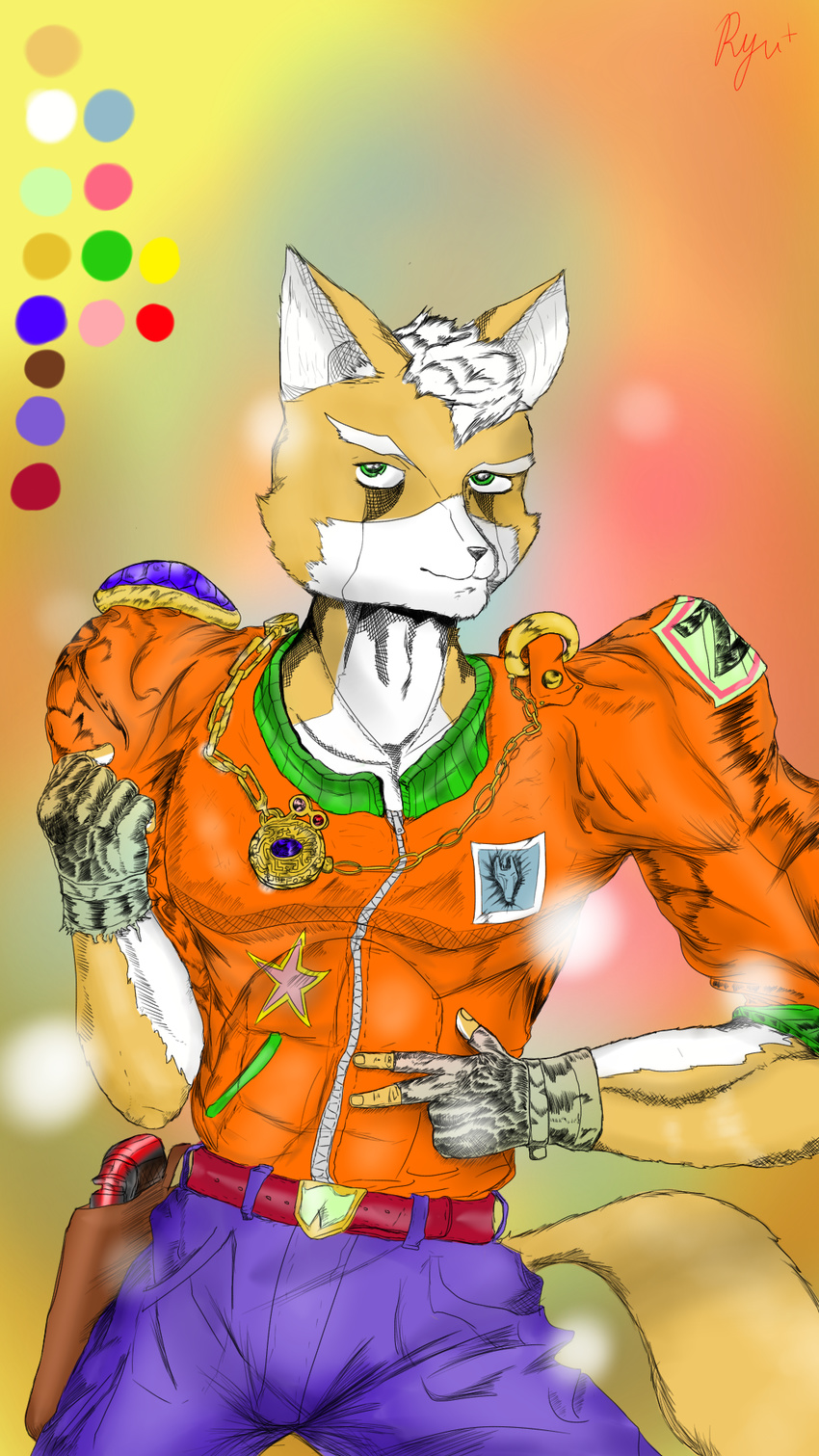 absurd_res canine clothing color_pallet fox fox_mccloud gun hi_res invalid_tag jewelry jojo's_bizarre_adventure looking_at_viewer mammal nintendo ranged_weapon ryu+ star_fox video_games weapon