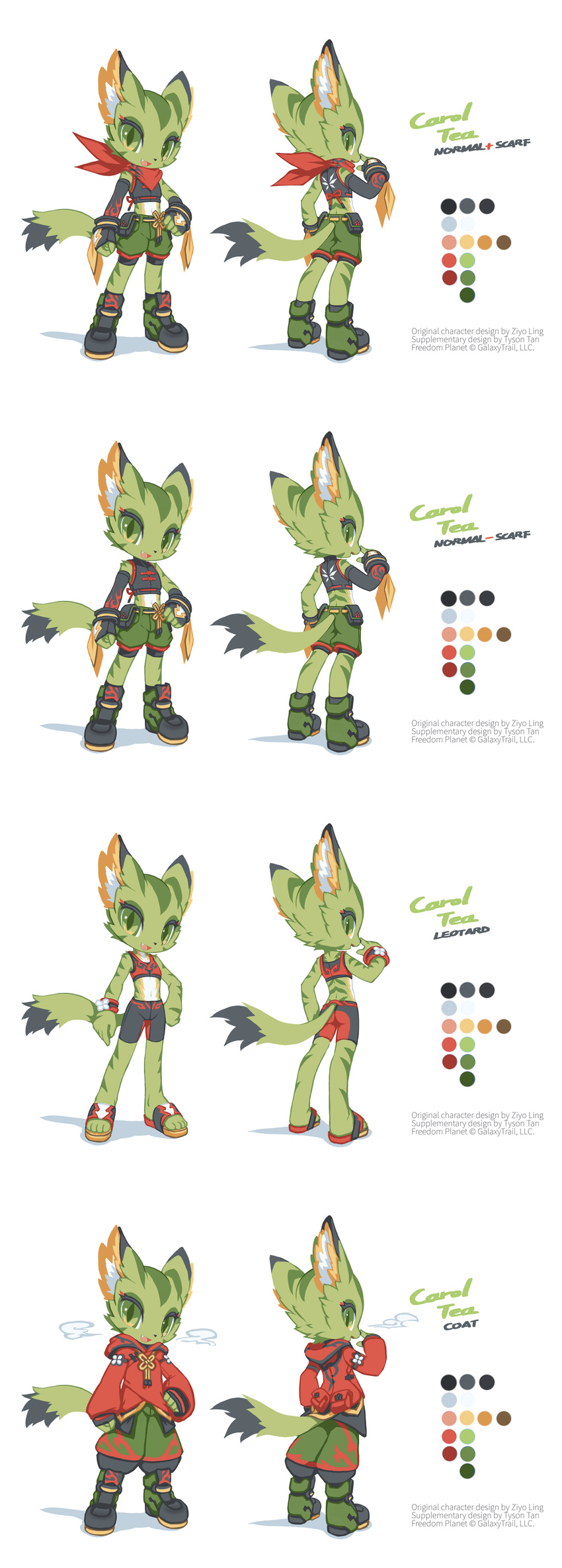 absurdres adapted_costume alternate_costume artist_name carol_tea company_name concept_art extvia fang freedom_planet furry green_eyes green_skin highres scarf simple_background standing tail white_background