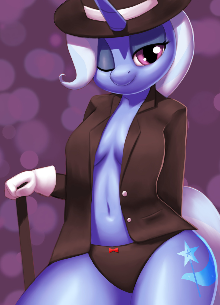 2015 anthro anthrofied blue_skin burgerkiss clothing cutie_mark equine female friendship_is_magic gloves hair hat horn looking_at_viewer mammal multicolored_hair my_little_pony navel one_eye_closed panties solo top_hat trixie_(mlp) two_tone_hair underwear unicorn