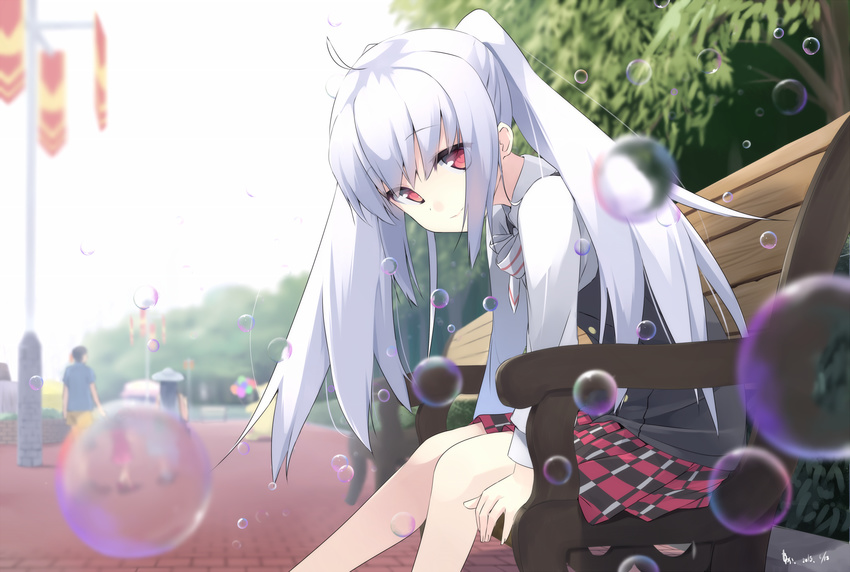 ahoge bench blurry bubble depth_of_field highres isla_(plastic_memories) long_hair looking_at_viewer makadamixa plaid plaid_skirt plastic_memories red_eyes silver_hair sitting_on_bench skirt smile solo twintails