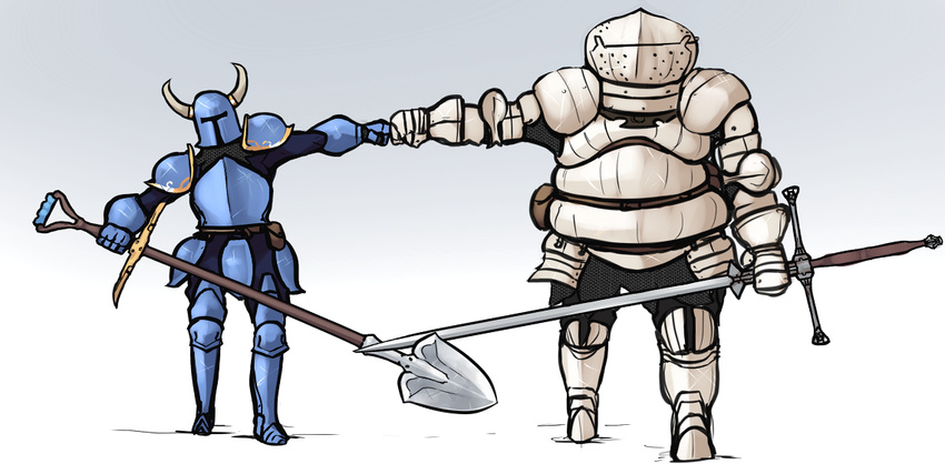 armor crossover dark_souls fist_bump full_armor full_body gradient gradient_background helmet horned_helmet male_focus multiple_boys scathegrapes shovel shovel_knight shovel_knight_(character) siegmeyer_of_catarina souls_(from_software) sword weapon white_background zweihander