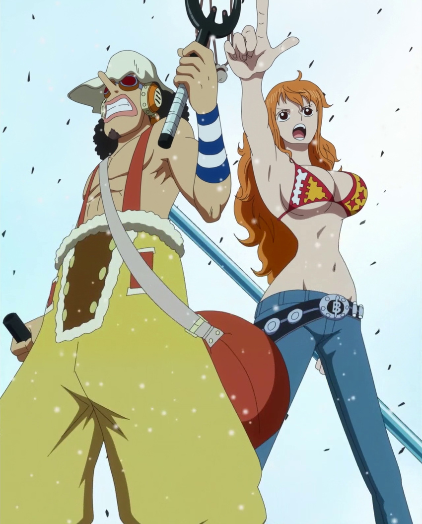 1girl bare_shoulders bikini_top black_hair breasts clima-tact facial_hair goatee goggles gradient gradient_background long_hair nami nami_(one_piece) navel one_piece open_mouth orange_hair pointing punk_hazard screencap standing stitched suspenders usopp