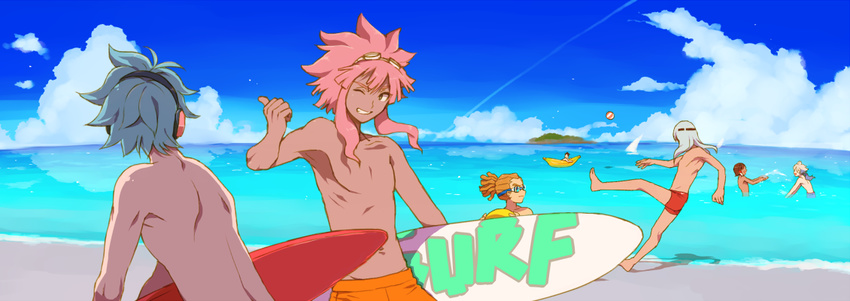 bad_id bad_pixiv_id beach blue_hair blue_sky brown_hair cloud crossover day english fudou_akio goggles goggles_on_head grin hairlocs hakuryuu_(inazuma_eleven) horizon idomajin inazuma_eleven inazuma_eleven_(series) kidou_yuuto long_hair male_focus multicolored_hair multiple_boys one_eye_closed otomura_gakuya outdoors pink_hair ponytail sakuma_jirou shuu_(inazuma_eleven) sky smile surfboard time_paradox tsunami_jousuke two-tone_hair water