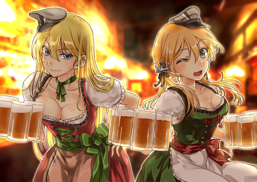 abo_(hechouchou) alcohol alternate_costume apron aqua_eyes beer beer_mug bismarck_(kantai_collection) blonde_hair blue_eyes breasts cleavage cup dirndl german_clothes hair_ornament hat highres holding holding_cup kantai_collection large_breasts long_hair looking_at_viewer military_hat multiple_girls oktoberfest one_eye_closed open_mouth peaked_cap prinz_eugen_(kantai_collection) puffy_short_sleeves puffy_sleeves short_sleeves traditional_clothes twintails waist_apron