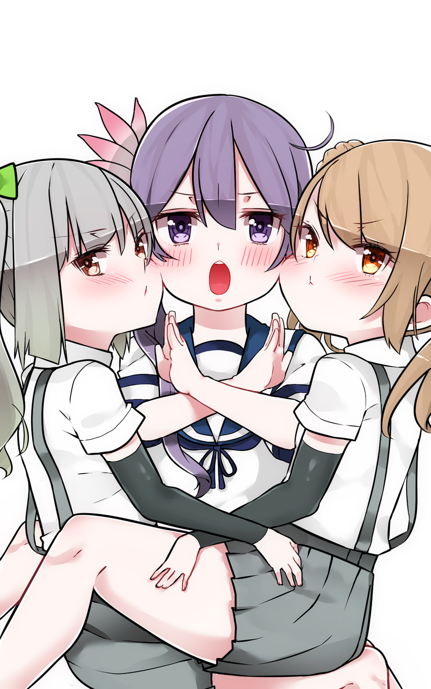 :o :t akebono_(kantai_collection) arm_warmers ascot blush brown_eyes cheek-to-cheek crossed_arms flower girl_sandwich grey_hair hair_bun hair_flower hair_ornament highres kantai_collection kasumi_(kantai_collection) light_brown_hair long_hair michishio_(kantai_collection) mitsudoue multiple_girls open_mouth pleated_skirt ponytail pout purple_eyes purple_hair ribbon sandwiched school_uniform serafuku short_twintails side_ponytail skirt suspenders twintails yellow_eyes