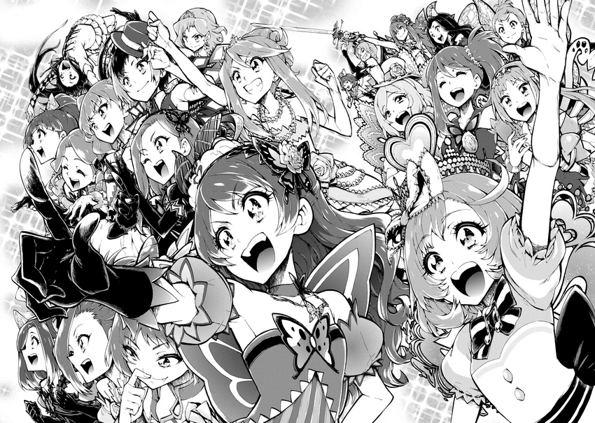 ageha_mia amamiya_rizumu ayase_naru chae_kyoung crown dress enouchi_ai fukuhara_ann gloves greyscale hair_ornament harune_aira hat highres hye_in jae_eun jounouchi_serena kurisu_kaname long_hair miyama_reina monochrome morizono_wakana multiple_girls ooruri_ayami open_mouth pretty_(series) pretty_rhythm pretty_rhythm_aurora_dream pretty_rhythm_dear_my_future pretty_rhythm_rainbow_live renjouji_beru shi_yoon shijimi_karin short_hair side_ponytail skirt smile so_min suzuno_ito takamine_mion takanashi_otoha tiara toudou_kanon twintails