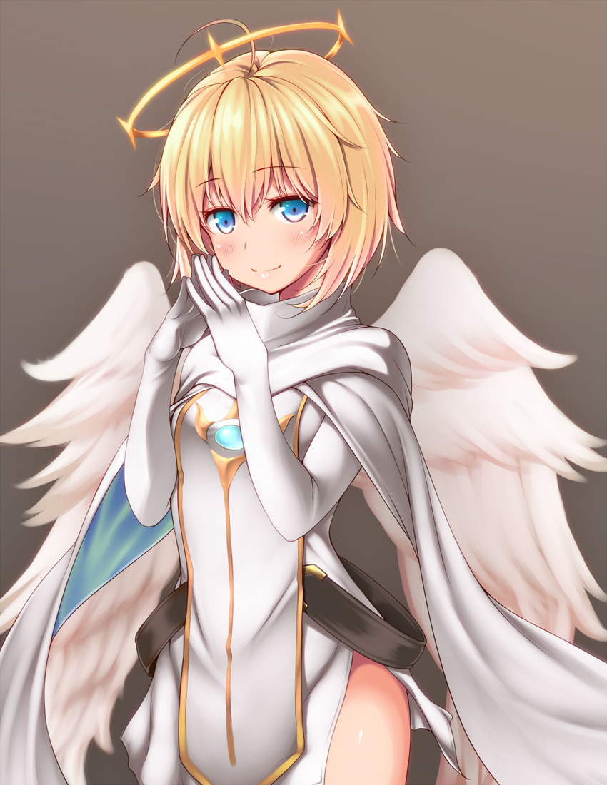 ahoge angel angel_wings bad_id bad_pixiv_id bangs belt big_wednesday blonde_hair blue_eyes blush breasts cape cowboy_shot dress gloves grey_background halo hands_together highres light_smile looking_at_viewer niel_(sennen_sensou_aigis) sennen_sensou_aigis short_dress short_hair side_slit simple_background small_breasts solo steepled_fingers tabard very_short_hair white_dress wings