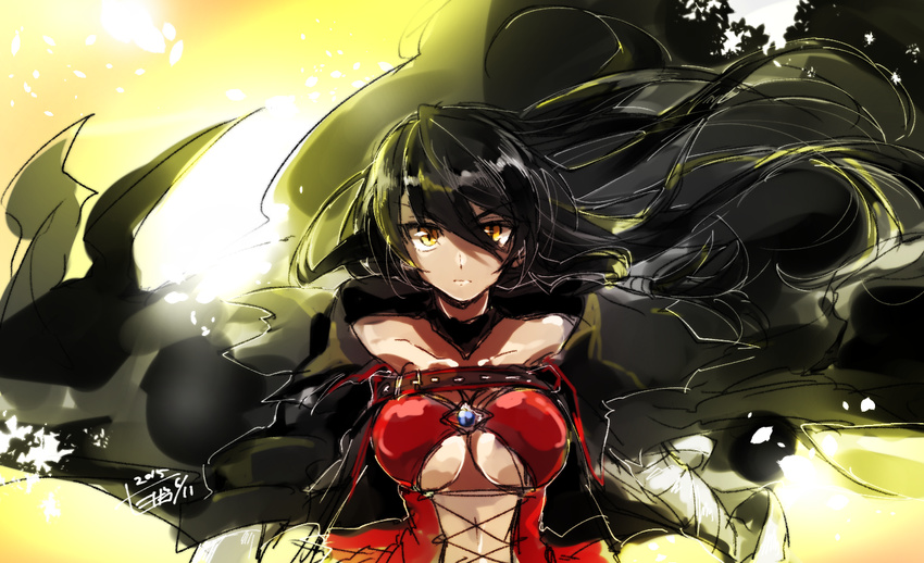 black_choker black_hair cape center_opening choker collarbone minazaka navel slit_pupils solo tales_of_(series) tales_of_berseria velvet_crowe yellow_eyes