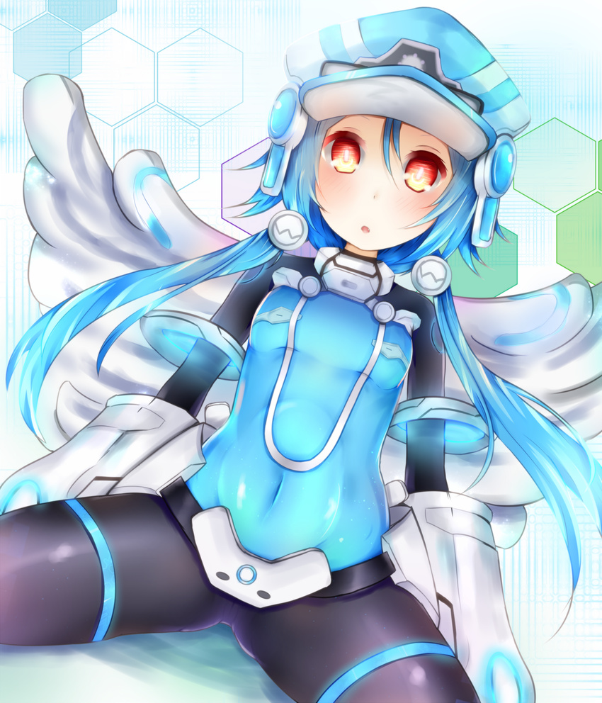 :o armor bad_id bad_pixiv_id bangs blue_hair blush bodysuit breasts cabbie_hat colored_eyelashes covered_navel cowboy_shot dutch_angle faulds gauntlets gorget hair_between_eyes hair_ornament hat highres honeycomb_(pattern) honeycomb_background looking_at_viewer magical_girl mitsuba_(watergarden) neptune_(series) next_white open_mouth power_symbol red_eyes shin_jigen_game_neptune_vii short_hair_with_long_locks sidelocks sitting small_breasts symbol-shaped_pupils white_heart wings