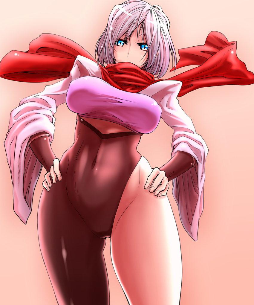 absurdres asymmetrical_clothes asymmetrical_legwear blue_eyes bodysuit breasts cameltoe covered_mouth covered_navel cowboy_shot hands_on_hips hattori_hanzo_uruka highres large_breasts ninja red_scarf scarf short_hair shoulder_pads silver_hair solo taut_clothes urujika wide_sleeves yatagarasu_(game)