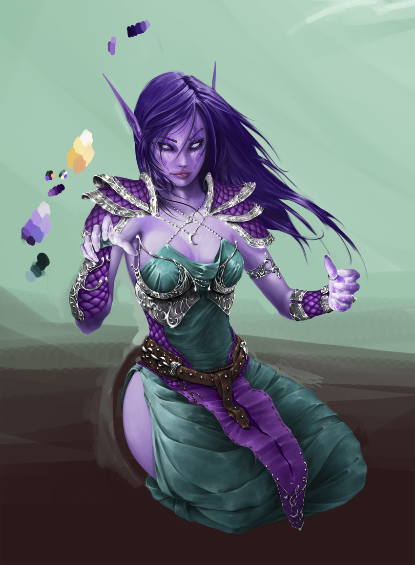 armlet armor bracer dress elf highres jewelry long_hair necklace night_elf pointy_ears purple_hair purple_skin silver_eyes sitting smile tyrande_whisperwind warcraft world_of_warcraft