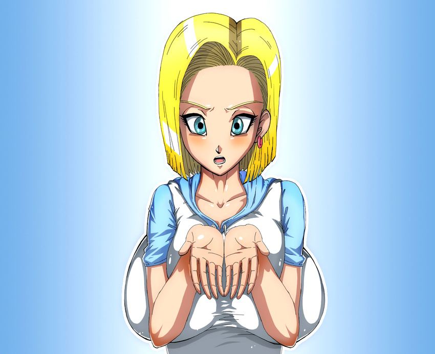 1girl android android_18 basara blonde_hair blue_eyes breasts curvy dragon_ball dragonball dragonball_z ear_ring earring earrings female highres huge_breasts jewelry large_breasts open_mouth plump short_hair solo