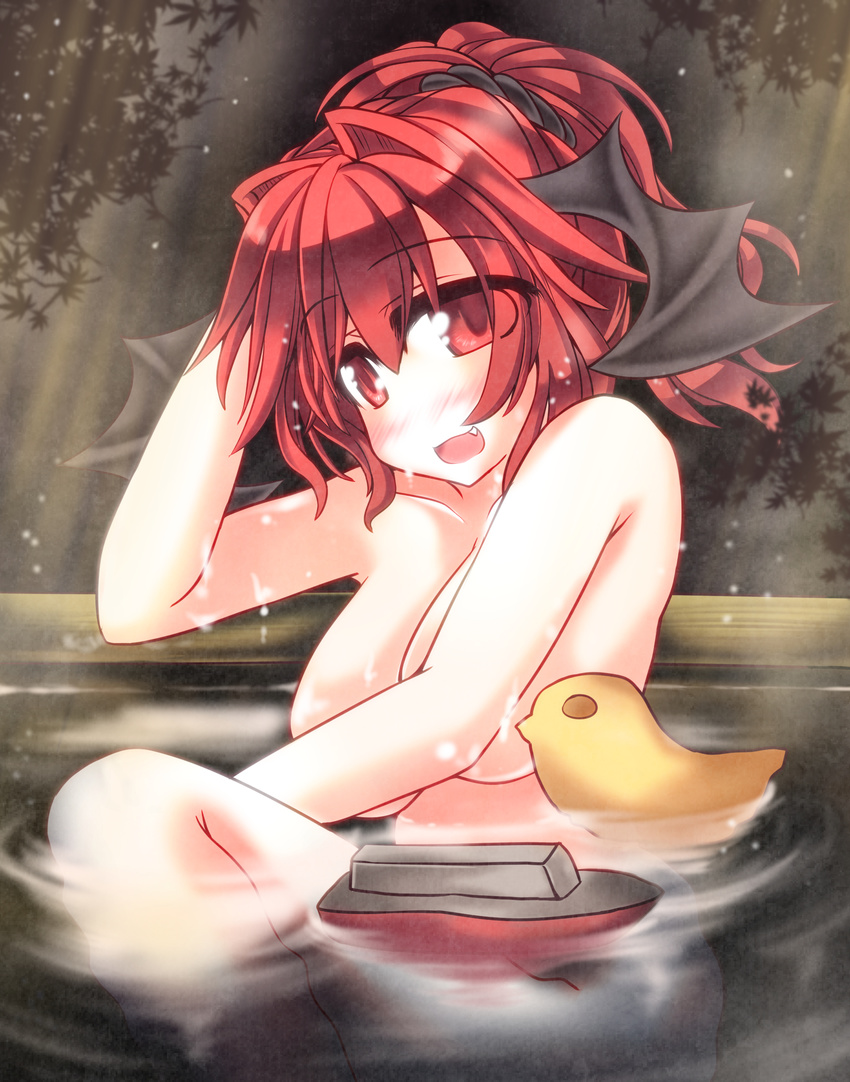 absurdres bat_wings bathing breasts convenient_censoring covering covering_breasts fang folded_hair hand_on_own_head head_wings highres koakuma large_breasts looking_at_viewer mumumu night night_sky nude open_mouth outdoors partially_submerged red_eyes red_hair rubber_duck sitting sky solo steam tareme touhou toy_ship wings