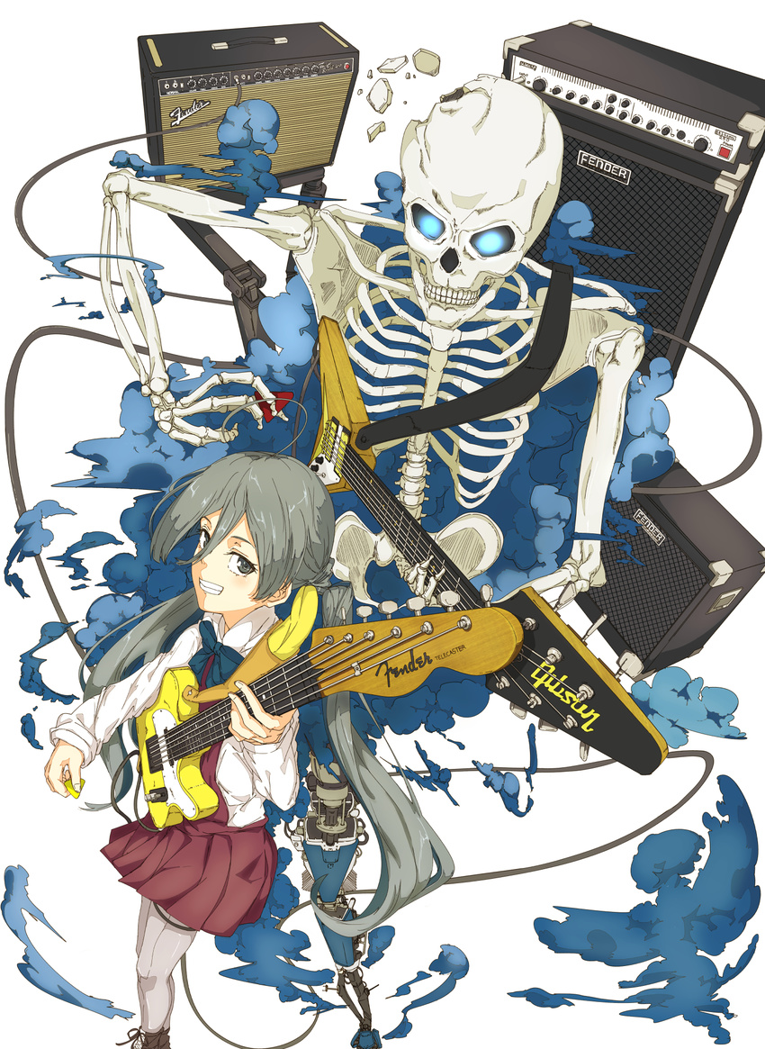 ahoge amplifier bad_id bad_pixiv_id fender flying_v gibson glowing glowing_eyes grey_eyes grey_hair guitar highres instrument kantai_collection kiyoshimo_(kantai_collection) long_hair long_sleeves looking_at_viewer low_twintails ninimo_nimo pantyhose plectrum skeleton skirt smile solo telecaster twintails very_long_hair