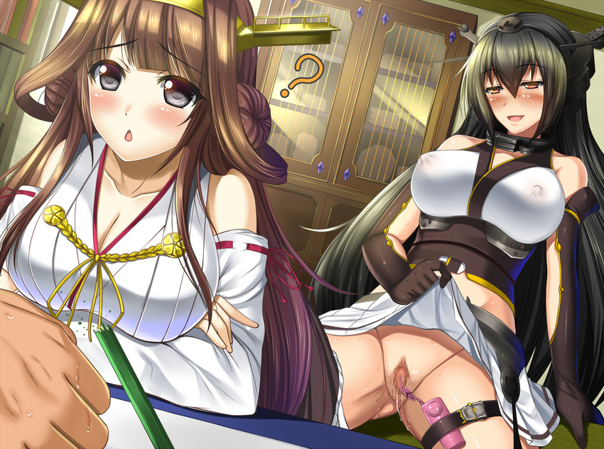 2girls ? bad_id bad_pixiv_id black_hair blush breasts broken_pencil brown_hair cleavage covered_nipples detached_sleeves double_bun gloves hairband headgear hetero japanese_clothes kantai_collection kongou_(kantai_collection) large_breasts long_hair miniskirt multiple_girls nagato_(kantai_collection) nontraditional_miko open_mouth pencil pussy red_eyes shibata_rai skirt skirt_lift vibrator