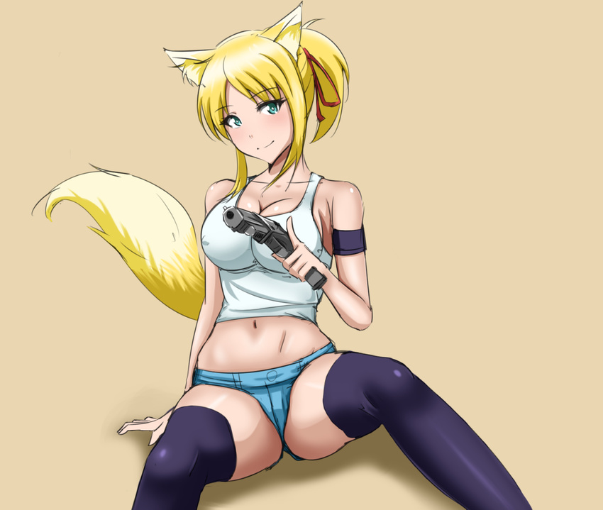 animal_ears asortofcolorfag blonde_hair blush breasts cleavage collarbone dog_days fox_ears fox_tail green_eyes gun hair_ribbon large_breasts long_hair looking_at_viewer midriff navel ponytail ribbon short_shorts shorts simple_background smile solo tail thighhighs weapon yukikaze_panettone