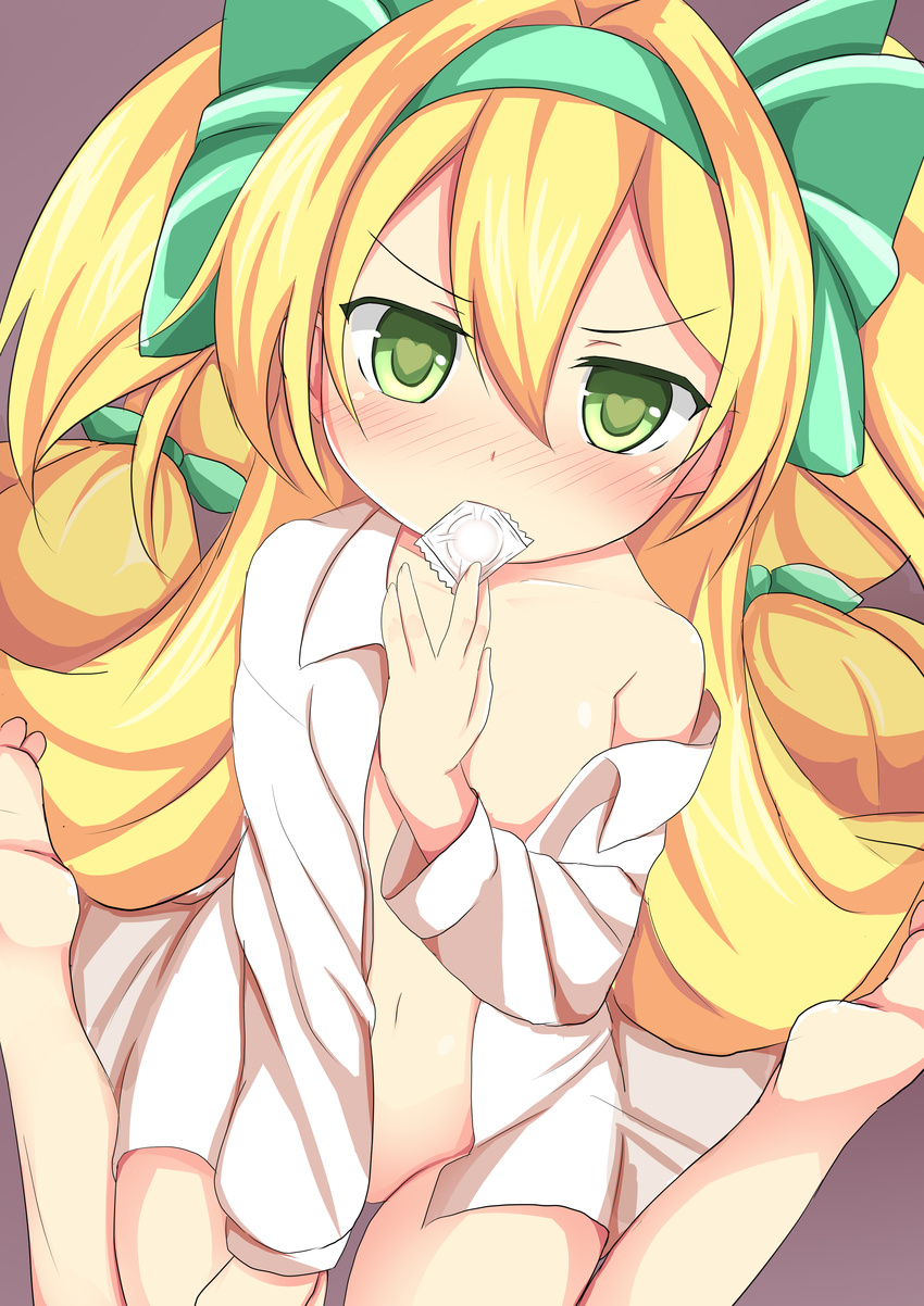 absurdres barefoot blazblue blonde_hair blush bottomless condom convenient_censoring flat_chest from_above godharo1 green_eyes hairband highres long_hair looking_up mouth_hold navel off_shoulder open_clothes open_shirt platinum_the_trinity quad_tails ribbon shirt sitting solo very_long_hair