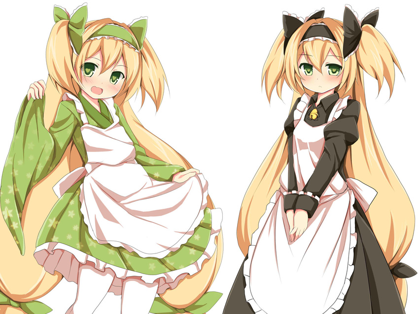 apron blazblue blonde_hair blush dual_persona fang godharo1 green_eyes hairband highres long_hair maid multiple_girls open_mouth pantyhose platinum_the_trinity quad_tails ribbon smile very_long_hair