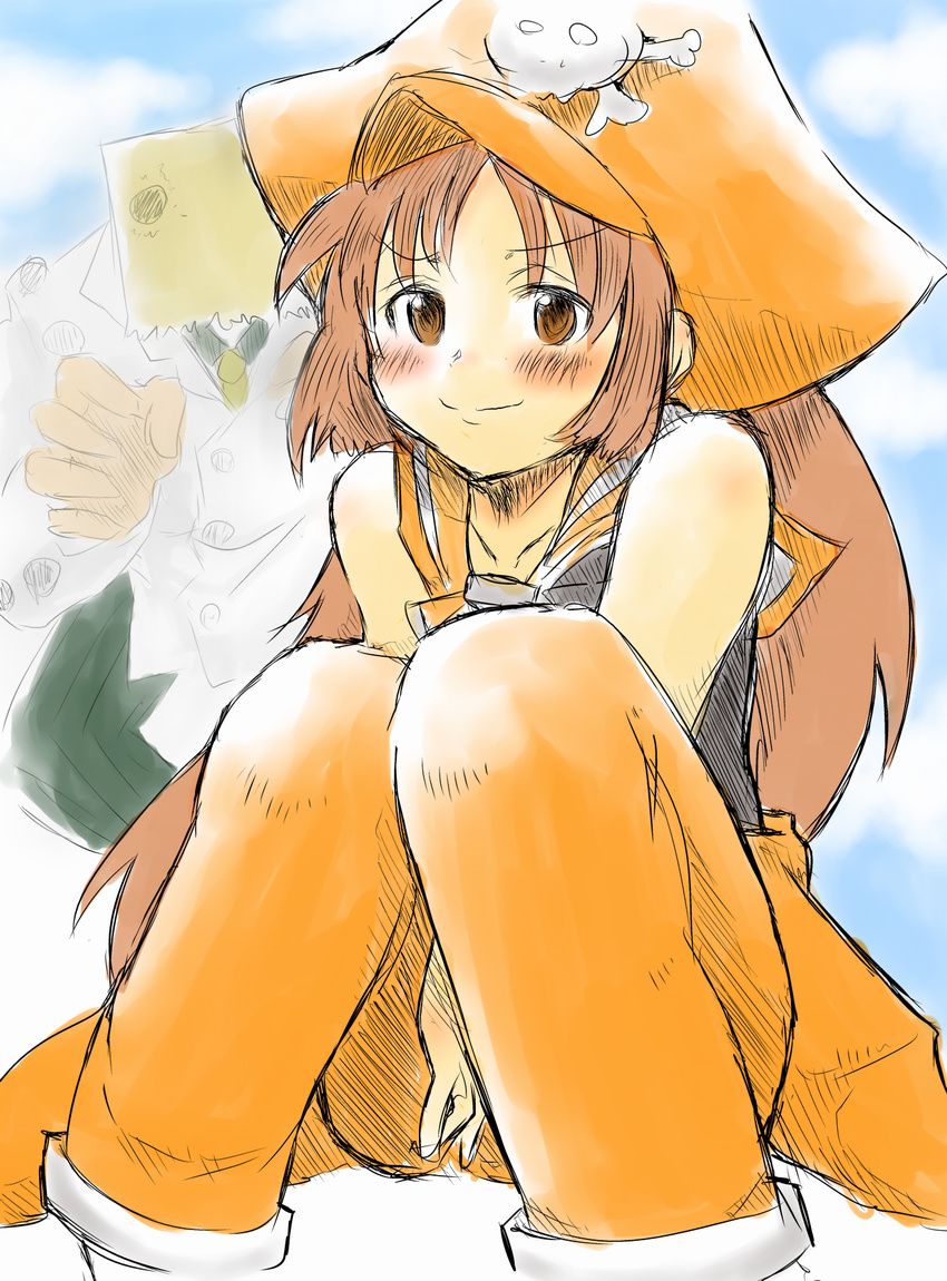 1girl bag bag_on_head blush brown_eyes brown_hair clothes_around_waist faust_(guilty_gear) guilty_gear guilty_gear_xrd hat highres long_hair may_(guilty_gear) orange_hat paper_bag pirate_hat sailor_collar seinen_anko sitting smile solo_focus v_arms