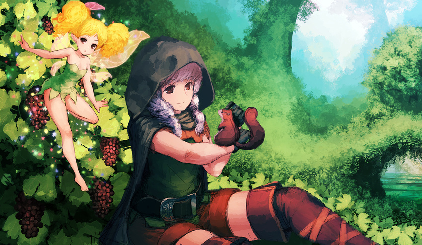 animal animal_on_hand bangs barefoot belt berries black_gloves blonde_hair blunt_bangs boots breasts brown_eyes brown_footwear buckle cape chestnut_mouth cleavage cloak day dragon's_crown dress elf elf_(dragon's_crown) fairy fairy_wings feet flying gloves green_dress highres hood jean_popo looking_at_another looking_at_viewer multiple_girls nature outdoors petting plant pointy_ears scenery shorts sitting small_breasts smile sparkle squirrel strapless strapless_dress thigh_boots thighhighs tiki_(dragon's_crown) twintails wings