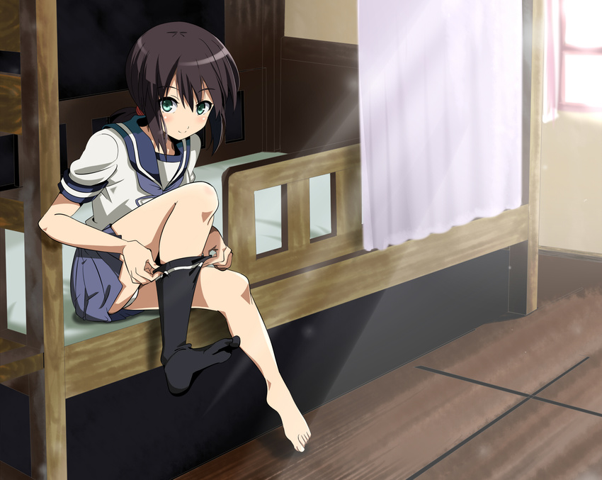 barefoot bed bedroom black_hair black_legwear blue_skirt bunk_bed dressing fubuki_(kantai_collection) green_eyes highres indoors kantai_collection kneehighs looking_at_viewer neckerchief okuba panties pantyshot pantyshot_(sitting) pleated_skirt ponytail sailor_collar school_uniform serafuku short_hair short_ponytail single_sock sitting skirt smile socks solo sunlight underwear white_panties