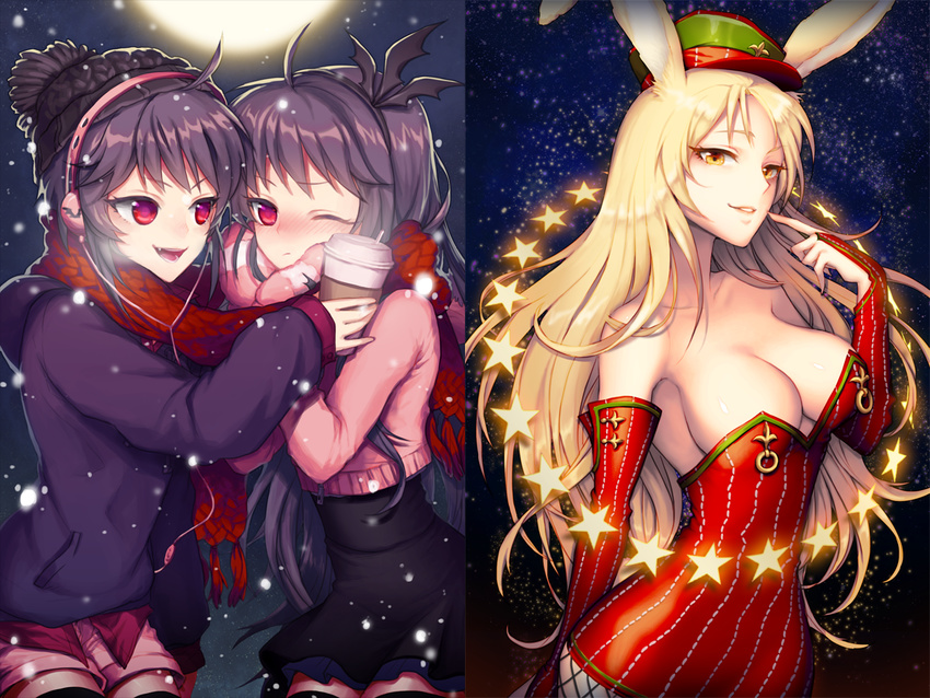 animal_ears bad_id bad_pixiv_id blonde_hair blush breasts bridal_gauntlets bunny_ears cannelle cleavage coffee corset fang finger_to_mouth hairband hat headphones large_breasts long_hair looking_at_another looking_at_viewer multiple_girls night official_art one_eye_closed open_mouth parted_lips peaked_cap purple_hair red_eyes rion_flina short_hair shorts sion_flina smile snowing star sword_girls very_long_hair winter_clothes yellow_eyes yuri_(anachronic)