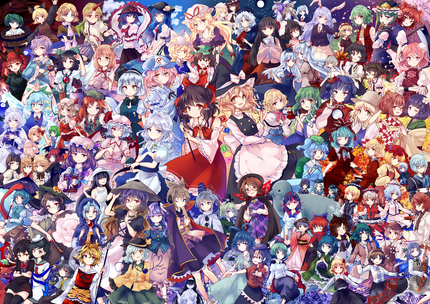 absolutely_everyone aki_minoriko aki_shizuha alice_margatroid animal_ears chen cirno cloud daiyousei dark_haired_kappa everyone flandre_scarlet fujiwara_no_mokou full_moon futatsuiwa_mamizou glasses_kappa gourd hair_tie_kappa hakurei_reimu hasshaku-sama hata_no_kokoro heart hieda_no_akyuu highres hijiri_byakuren himekaidou_hatate hinanawi_tenshi hong_meiling horikawa_raiko hoshiguma_yuugi houjuu_nue houraisan_kaguya ibaraki_kasen ibuki_suika imaizumi_kagerou inaba_tewi inubashiri_momiji izayoi_sakuya kaenbyou_rin kagiyama_hina kaku_seiga kamishirasawa_keine kasodani_kyouko kawashiro_nitori kazami_yuuka kijin_seija kirisame_marisa kisume koakuma kochiya_sanae komeiji_koishi komeiji_satori konpaku_youmu konpaku_youmu_(ghost) kumoi_ichirin kurodani_yamame letty_whiterock lily_white lunasa_prismriver manzairaku maribel_hearn md5_mismatch medicine_melancholy miyako_yoshika mizuhashi_parsee mononobe_no_futo moon morichika_rinnosuke moriya_suwako motoori_kosuzu mouse_ears multiple_girls murasa_minamitsu mystia_lorelei nagae_iku nazrin ofuda okiku_(banchou_sarayashiki) onozuka_komachi patchouli_knowledge reisen reisen_udongein_inaba reiuji_utsuho remilia_scarlet revision rope rumia saigyouji_yuyuko sekibanki shameimaru_aya shiki_eiki shimenawa shinki soga_no_tojiko su-san sukuna_shinmyoumaru tatara_kogasa tokiko_(touhou) toramaru_shou touhou toyosatomimi_no_miko tsukumo_benben tsukumo_yatsuhashi unzan uranaishi_(miraura) usami_renko usami_sumireko wakasagihime watatsuki_no_toyohime watatsuki_no_yorihime wriggle_nightbug yagokoro_eirin yakumo_ran yakumo_yukari yasaka_kanako