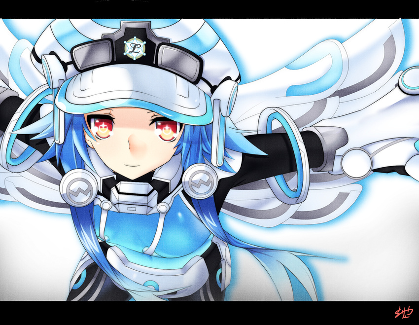 armor blue_hair bodysuit breasts cabbie_hat cowboy_shot faulds from_above gauntlets gorget hair_ornament hat highres letterboxed light_smile looking_at_viewer magical_girl neptune_(series) next_white outstretched_arms power_symbol red_eyes ryuu_(pikagomi) shin_jigen_game_neptune_vii short_hair_with_long_locks sidelocks signature simple_background small_breasts smile spread_arms symbol-shaped_pupils weapon white_background white_heart wings