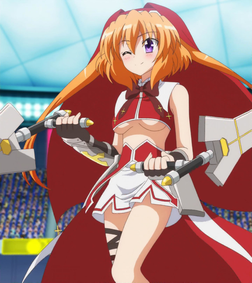 ;) breasts chantez_arpinion dual_wielding highres holding lyrical_nanoha mahou_shoujo_lyrical_nanoha_vivid miniskirt one_eye_closed orange_hair phantasma purple_eyes screencap short_hair skirt smile tonfa twintails underboob weapon