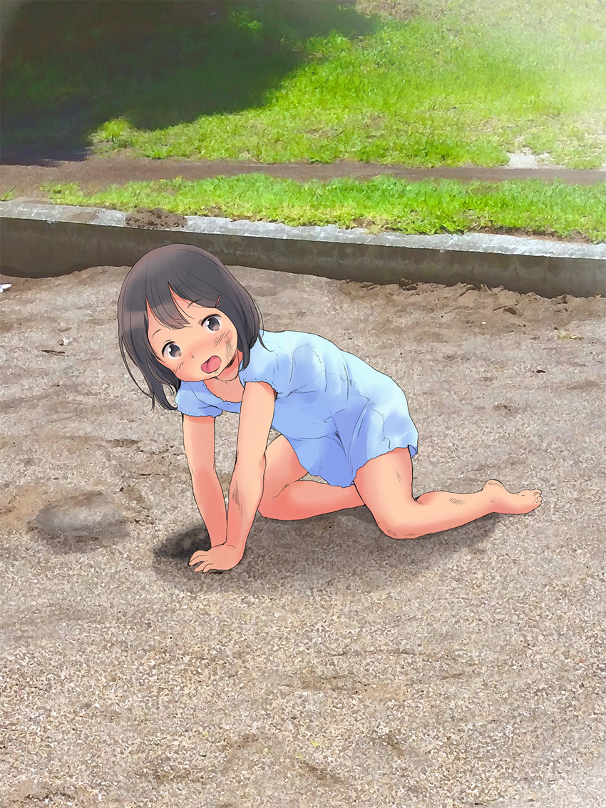 :d all_fours anyannko barefoot black_hair blue_dress blush brown_eyes child dirty dirty_face dress grass ground hair_ornament hairclip highres looking_at_viewer open_mouth original outdoors photo_background short_hair short_sleeves smile solo