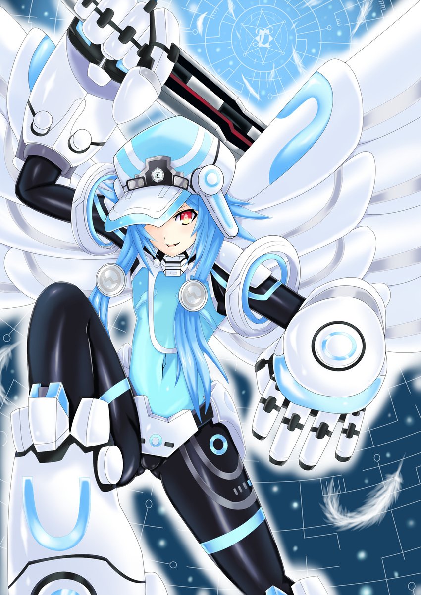 :d absurdres arm_up armor blue_hair bodysuit boots cabbie_hat covered_navel faulds feathers flat_chest foreshortening gauntlets gorget greaves grid hair_ornament hat hat_over_one_eye highres holding holding_weapon honke_ganso looking_at_viewer magical_girl neptune_(series) next_white open_mouth outline pauldrons power_symbol red_eyes shin_jigen_game_neptune_vii short_hair_with_long_locks sidelocks smile solo symbol-shaped_pupils weapon white_heart wings