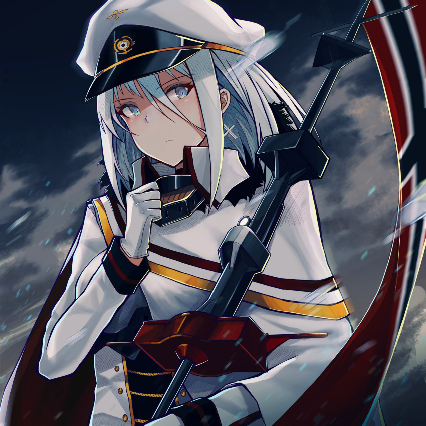 1girl absurdres azur_lane bangs blue_eyes breasts capelet choker closed_mouth cloud cloudy_sky commentary_request cross cross_earrings earrings eyebrows_visible_through_hair flag gloves hair_between_eyes hand_up hat highres holding_pole jacket jewelry long_hair military military_hat military_uniform official_art outdoors peaked_cap rain septoleaf sidelocks silver_hair sky solo tirpitz_(azur_lane) tsurime uniform white_gloves