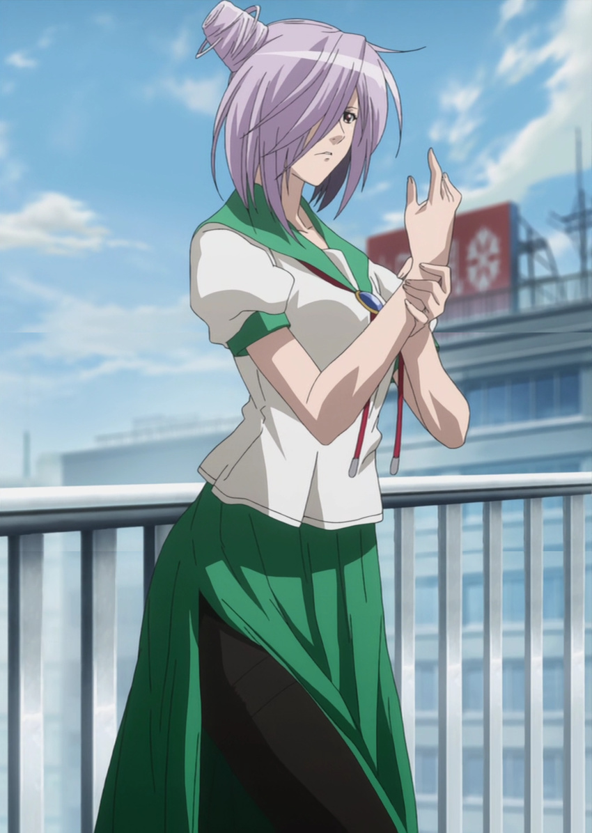 1girl asu_no_yoichi breasts cloud hair_over_one_eye highres purple_hair red_eyes screencap solo stitched takatsukasa_angela uniform