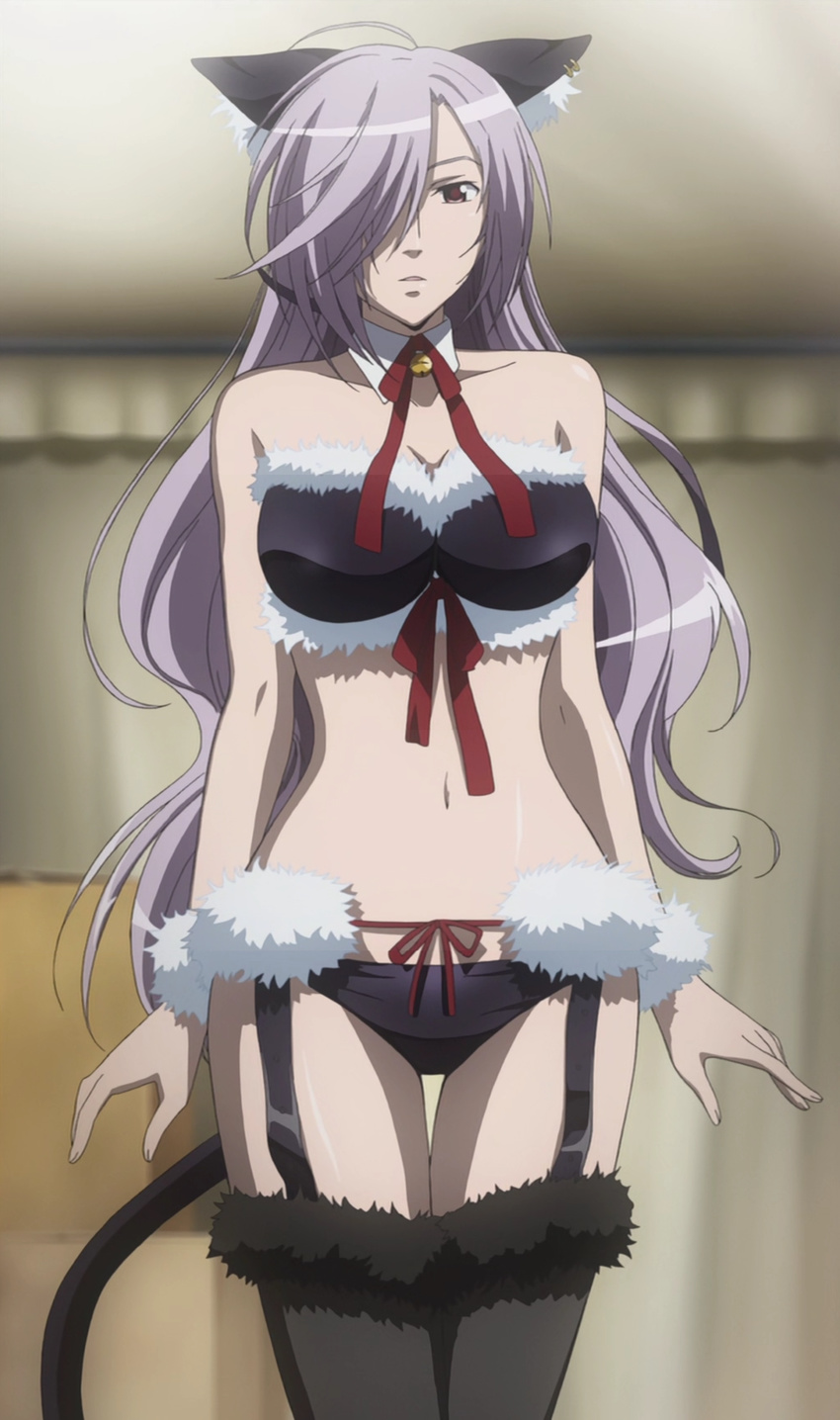 1girl asu_no_yoichi bell bikini breasts cat_ears cleavage female fur hair_over_one_eye highres large_breasts long_hair purple_hair red_eyes ribbon screencap smile solo stitched swimsuit tail takatsukasa_angela thighhighs