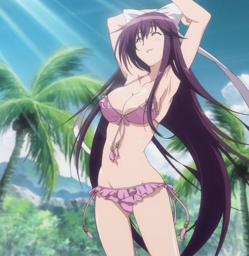 1girl asu_no_yoichi bikini blush breasts female highres ikaruga_ibuki large_breasts long_hair navel purple_hair screencap solo stitched swimsuit