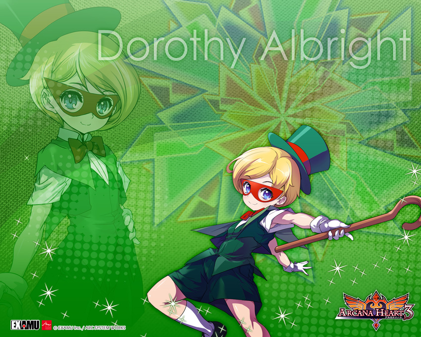 akaga_hirotaka androgynous arcana_heart arcana_heart_3 blonde_hair blue_eyes bow cane character_name copyright_name dorothy_albright gloves green_background halftone halftone_background hat mask official_art reverse_trap short_hair socks top_hat wallpaper white_gloves