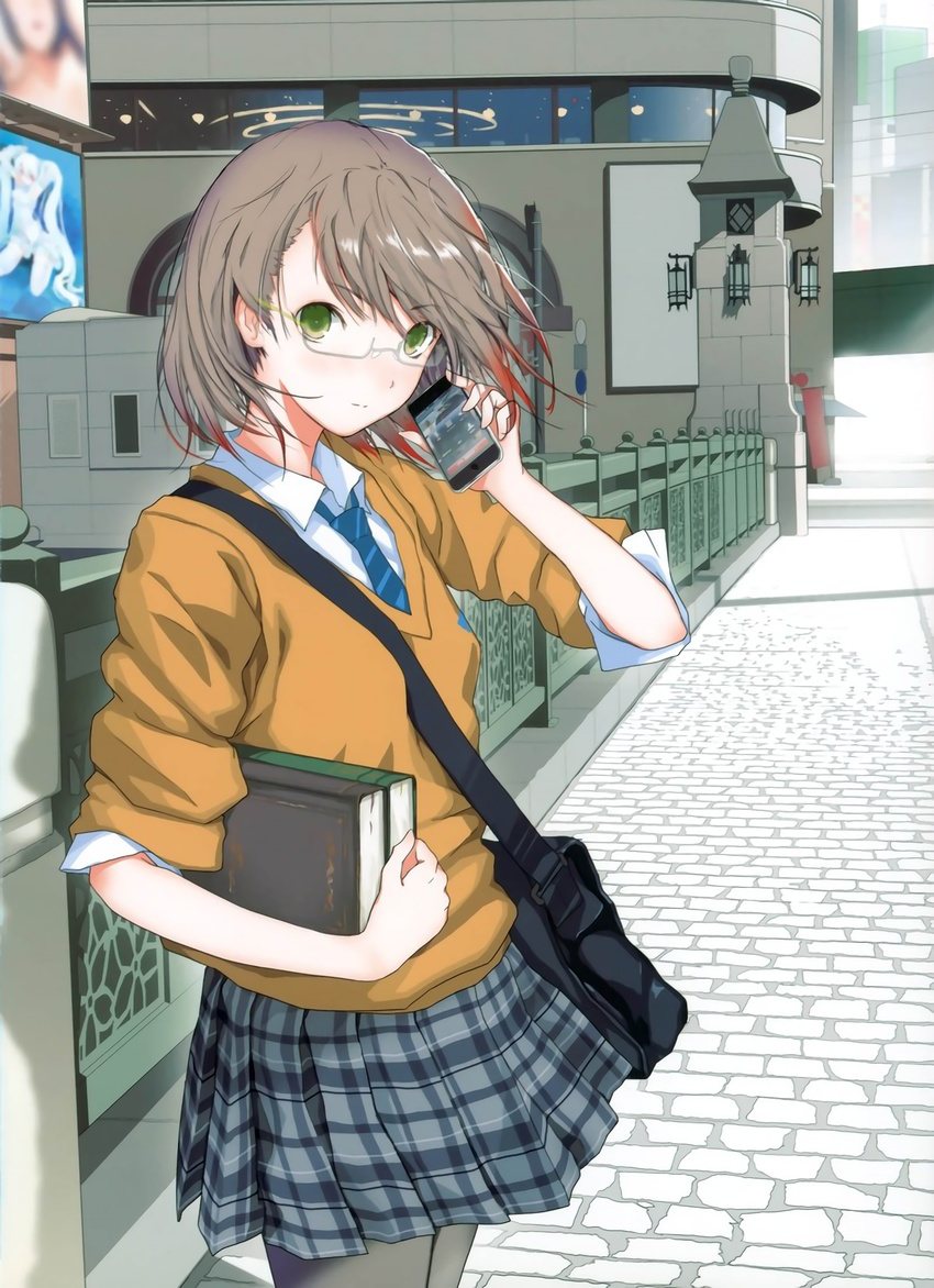 bag book brown_hair cellphone fuyuno_haruaki glasses green_eyes highres iphone necktie original pantyhose phone plaid plaid_skirt resized school_uniform short_hair skirt sleeves_pushed_up smartphone solo upscaled