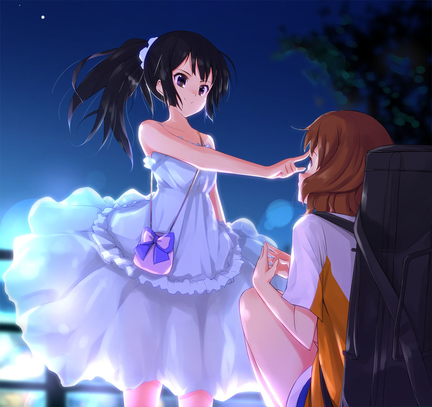 bag bangs black_hair blush brown_hair dress finger_to_face frills handbag hibike!_euphonium kousaka_reina masamuuu multiple_girls night oumae_kumiko outdoors ponytail purple_eyes scrunchie short_hair sitting sky smile white_dress