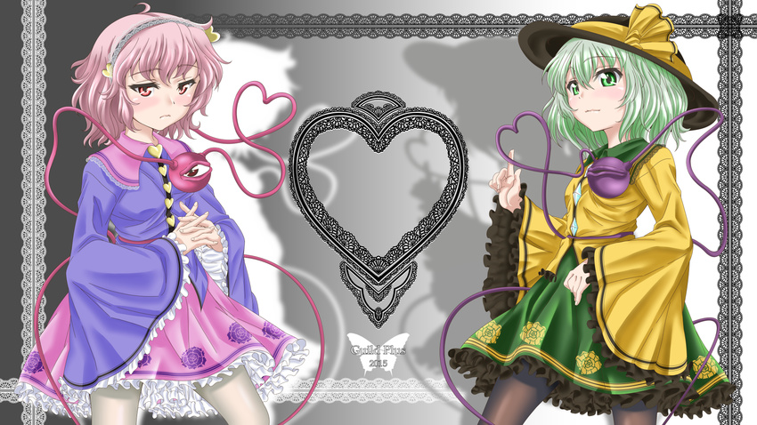 black_legwear border bug butterfly commentary_request frilled_skirt frilled_sleeves frills frown gradient gradient_background green_eyes green_hair heart heart_of_string highres index_finger_raised insect interlocked_fingers komeiji_koishi komeiji_satori lavender_hair light_smile multiple_girls pantyhose red_eyes shadow siblings sisters skirt tatsuya_(guild_plus) third_eye touhou white_legwear