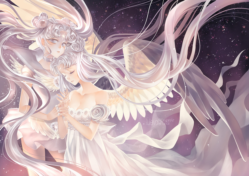 alexa_pasztor angel_wings artist_name bare_shoulders bishoujo_senshi_sailor_moon breasts cleavage closed_eyes double_bun dress earrings facial_mark forehead_mark hair_ornament jewelry long_dress long_hair medium_breasts multiple_girls princess_serenity ring sailor_cosmos sailor_senshi_uniform short_dress sky star_(sky) starry_sky tsukino_usagi very_long_hair white_dress white_eyes white_hair wings