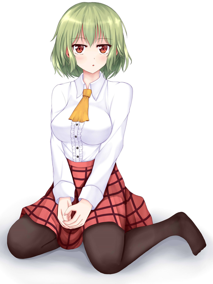 ascot bad_feet bad_id bad_pixiv_id black_legwear breasts green_hair highres kazami_yuuka large_breasts long_sleeves looking_at_viewer pantyhose red_eyes shirt sitting skirt solo touhou v_arms wariza wendell