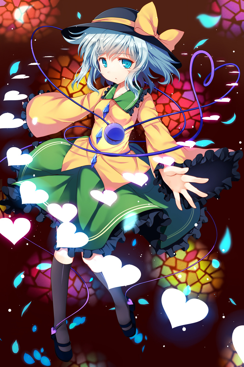 abusoru eyeball green_eyes green_hair hat hat_ribbon heart heart_of_string highres komeiji_koishi open_mouth petals ribbon short_hair skirt solo third_eye touhou