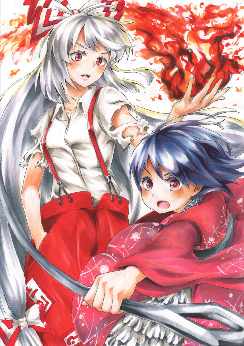 absurdres blue_hair fire fujiwara_no_mokou hair_ribbon hand_in_pocket hand_up highres holding_needle japanese_clothes kimono long_hair long_sleeves looking_at_viewer marker_(medium) minigirl mr.bukiyo multiple_girls needle no_hat no_headwear obi ofuda open_hand open_mouth pants red_eyes ribbon sash short_hair short_sleeves silver_hair sukuna_shinmyoumaru suspenders torn_clothes torn_sleeves touhou traditional_media very_long_hair white_background