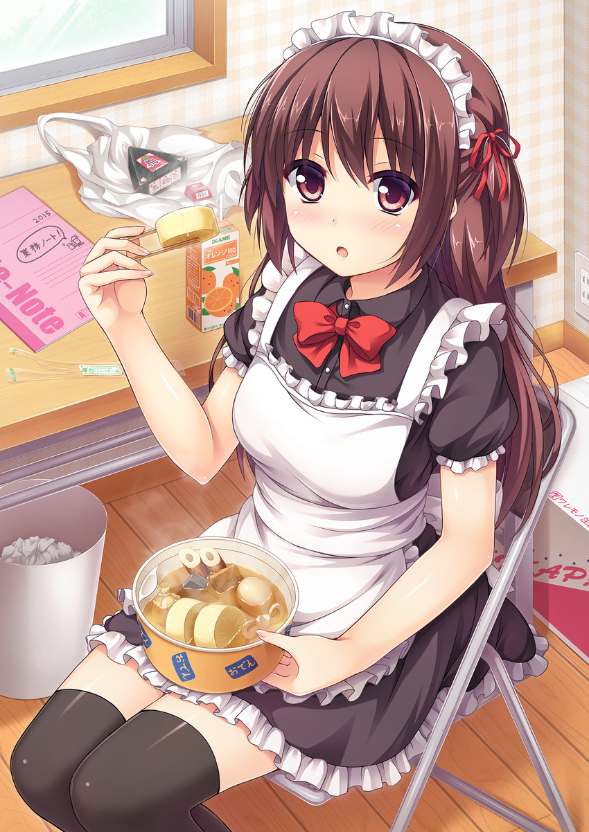 :o apron atsuage_(food) bad_id bad_pixiv_id bag blush bow brown_eyes brown_hair chair chikuwa chopsticks daikon egg folding_chair food frills hair_ribbon highres konnyaku_(food) long_hair looking_at_viewer maid maid_headdress nakamura_sumikage oden original plastic_bag ribbon sitting solo steam thighhighs two_side_up zettai_ryouiki