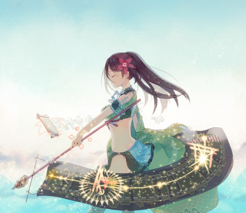 amagi_(kantai_collection) banner breasts brown_hair closed_eyes cowboy_shot flower hair_flower hair_ornament highres kantai_collection long_hair magic medium_breasts multiple_torii namiri outstretched_arm ponytail solo torii