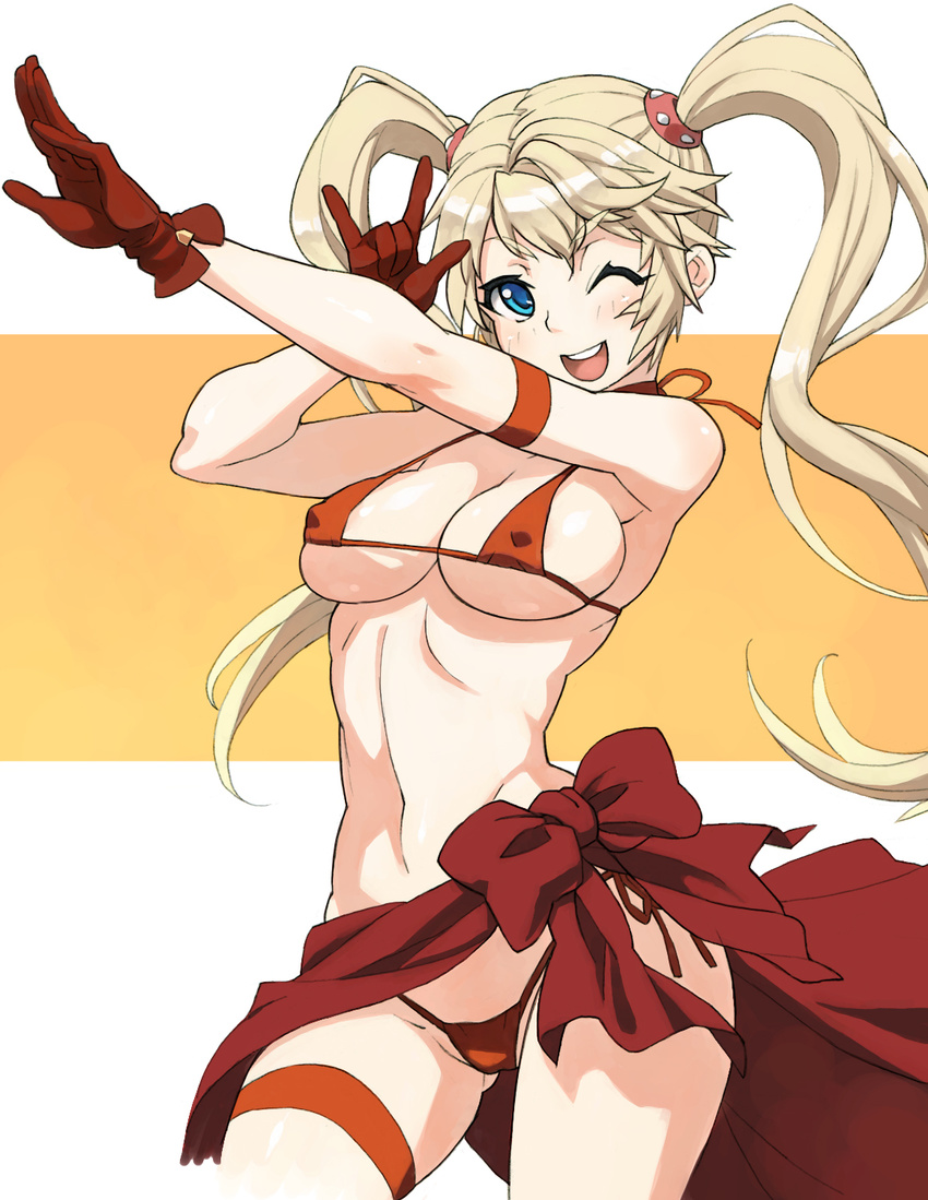 \m/ bikini blonde_hair blue_eyes breasts covered_nipples gloves granado_espada highres large_breasts long_hair micro_bikini navel one_eye_closed penguin_caee smile solo swimsuit twintails underboob