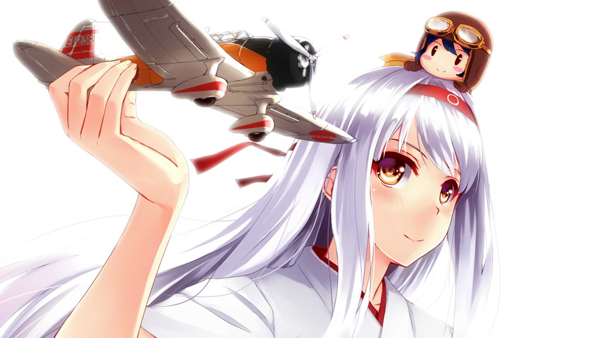 aircraft airplane blush d3a fairy_(kantai_collection) hairband highres japanese_clothes kantai_collection long_hair mizuki_(mizuki_ame) multiple_girls shoukaku_(kantai_collection) silver_hair smile type_99_dive_bomber